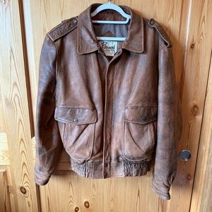 Vintage Bermans Mens Brown Distressed Leather Bomber Jacket Coat Size L Pockets